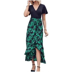 BTFBM NWT‎ Green Black Hi/Lo Ruffle Skirt Short Sleeves Maxie Dress